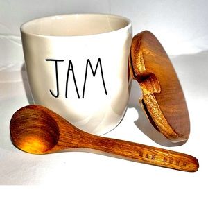 New RAE DUNN Artisan Collection "JAM" Cellar Jar Wood Lid & Spoon By Mag…
